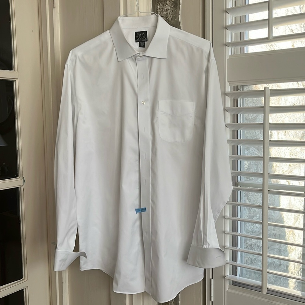 Jos.A.Bank Traveler’s Collection French cuffed white cotton dress shirt.